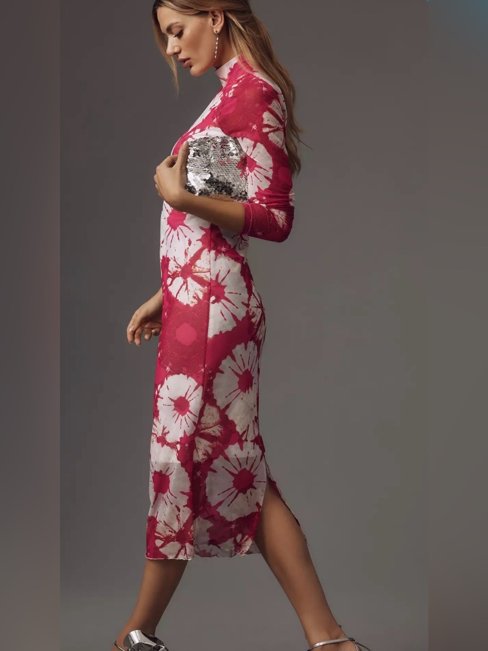 Anthropologie Long-Sleeve Mock-Neck Printed Slim Midi Dress S